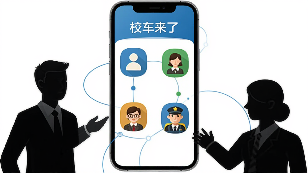 画面主体为三个不同角色的人物剪影围绕一部手机,手机屏幕上显示校车来了的多角色管理界面;布局为环形围绕式;排版居中,软件名称“校车来了”出现在手机屏幕上方;风格为商务科技插画;细节包括家长图标、老师图标、司机图标以及连接线条;画质清晰,干净,无多余元素