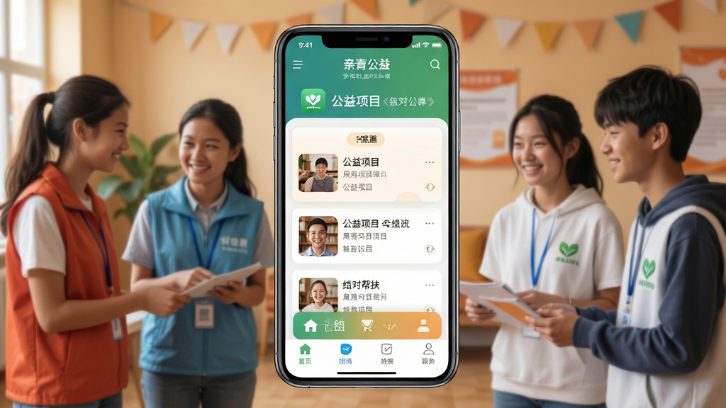 画面中央展示一部智能手机,屏幕内呈现亲青公益应用的主界面,界面中清晰显示公益项目列表与结对帮扶入口,背景为暖色调的社区场景,多位志愿者与青少年微笑互动,整体布局采用居中构图,风格温暖写实,细节包含应用图标与导航栏,画质高清,干净明亮,无多余元素