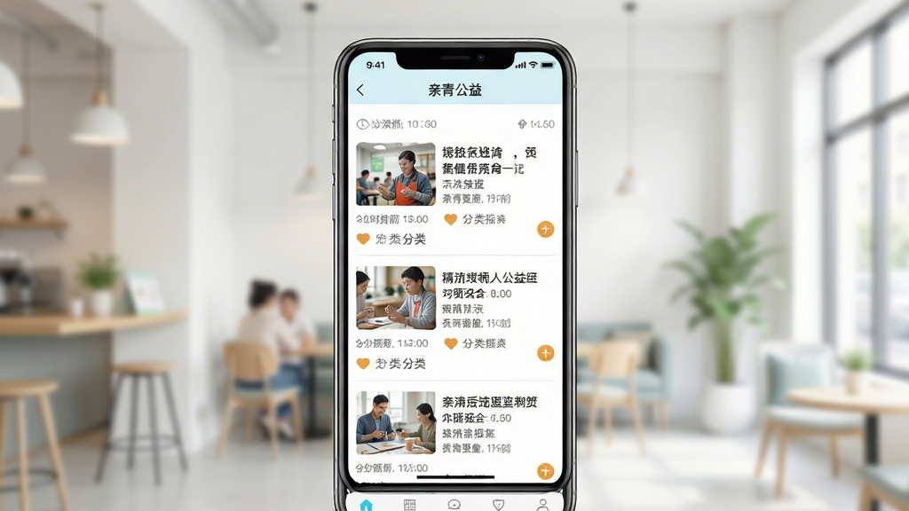 画面主体为一块竖屏手机界面,界面中滚动显示公益资讯列表,每条资讯配有缩略图与标题,背景为明亮的室内环境,布局采用上下滚动式排版,风格清新资讯流,细节包含时间标签与分类图标,画质清晰,干净整洁,顶部状态栏显示