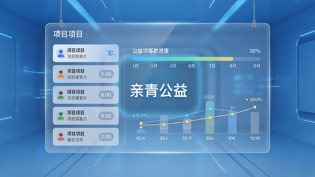 画面主体为一块悬浮的透明数据面板,面板上展示公益项目的筹款进度条与善款流向图表,背景是简洁的蓝色科技感空间,布局采用左右分栏,左侧为项目列表,右侧为详细数据,风格现代简约,细节包含数字标签与图标,画质清晰,干净无杂乱元素,面板中央带有