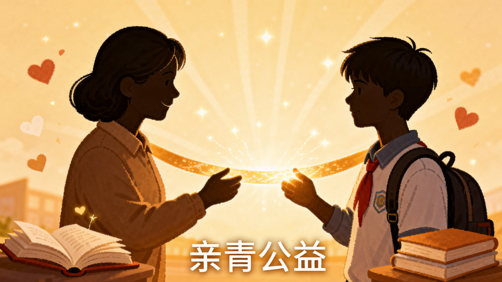 画面中心展示两个人物剪影,一侧是爱心人士,另一侧是青少年学生,中间由一条发光的纽带连接,背景为柔和的暖光,布局采用对称构图,风格温馨插画,细节包含书本与爱心符号,画质高清,干净简洁,画面下方带有