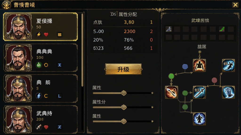 画面主体是曹操传游戏中的武将养成界面,左侧展示夏侯、典韦等武将头像列表,右侧显示属性面板与技能树,中间有升级按钮和属性分配滑块,布局为横向分栏排版,风格为简洁游戏UI设计,细节包括金色边框、深色背景、属性数值高亮,画质高清,干净,无多余元素