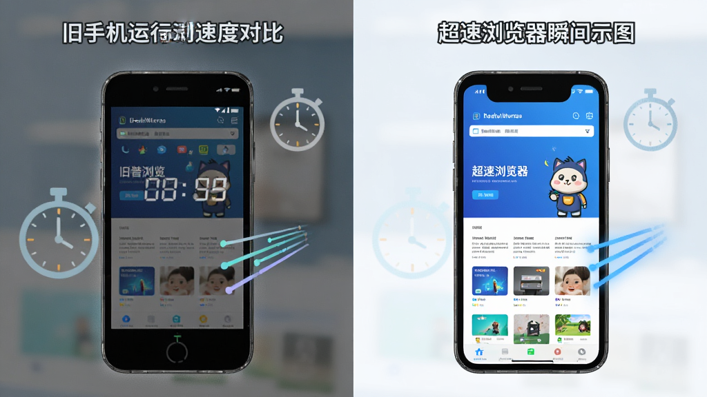 超速浏览器启动速度对比示意图,左侧旧手机运行普通浏览器加载缓慢,右侧同一手机运行超速浏览器瞬间打开首页,画面采用左右分屏布局,风格简洁科技感,细节包含计时器图标和速度线条,画质清晰干净