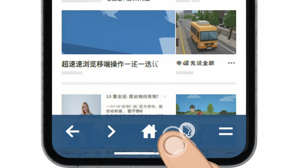 超速浏览器移动端操作界面示意图,手机屏幕展示底部工具栏包含后退、前进、主页、多标签和菜单按钮,页面内容为新闻资讯,风格扁平化设计,细节包含手指点击菜单图标,画质清晰干净