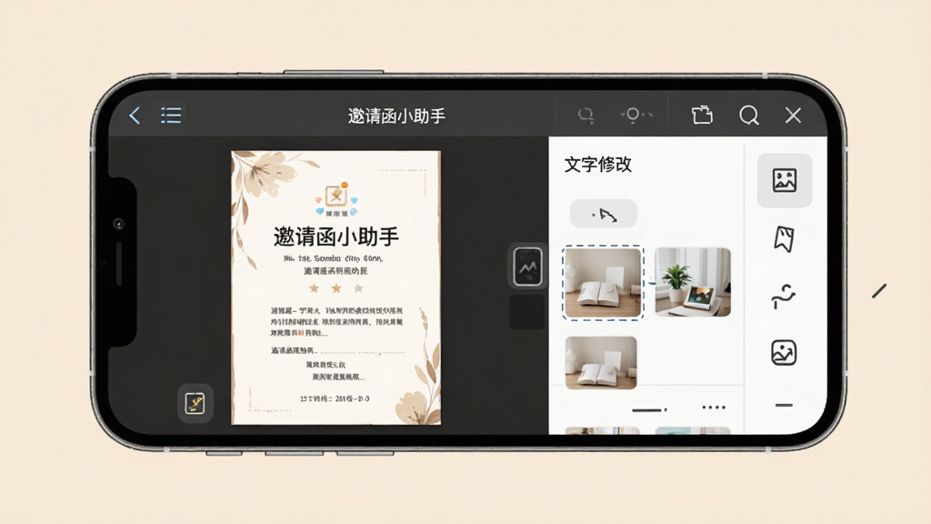 一张展示邀请函编辑界面的示意图,画面主体为手机屏幕中的编辑面板,左侧是邀请函预览效果,右侧是文字修改与图片替换的工具栏,屏幕中显示“邀请函小助手”文字,背景为柔和的米白色,画面风格简洁现代,细节清晰,画质干净,无多余元素