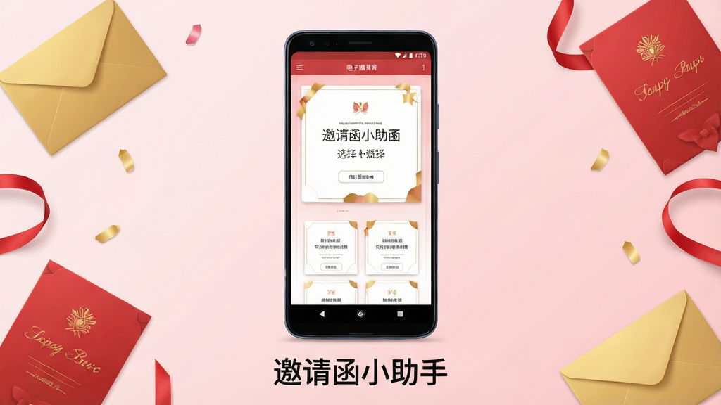 一张展示邀请函小助手软件界面的手机样机图,画面中央是一部竖屏安卓手机,屏幕显示电子邀请函模板选择页面,背景为浅粉色渐变,周围点缀金色信封、红色请柬、丝带等装饰元素,手机下方有“邀请函小助手”文字标识,整体风格清新喜庆,排版简洁对称,细节清晰,画质干净,无多余元素