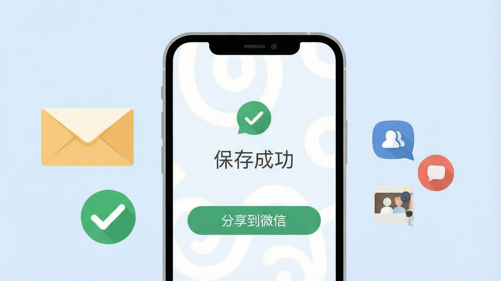 一张展示邀请函分享与保存流程的示意图,画面中一部手机屏幕显示“保存成功”与“分享到微信”按钮,旁边有信封、对勾、社交图标等元素,背景为淡蓝色,风格扁平化,排版整齐,细节清晰,画质干净,无多余元素