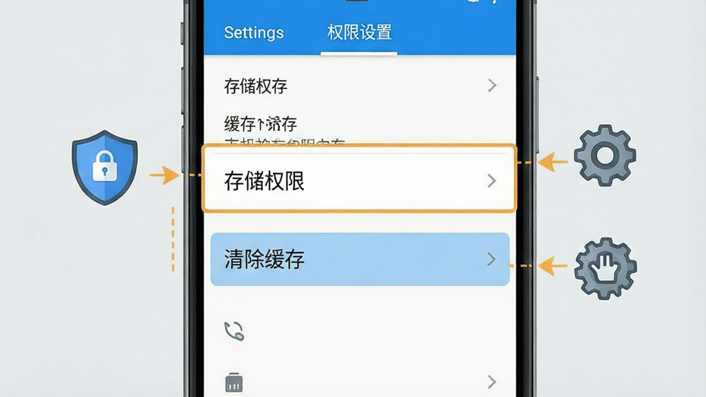 一张展示手机清理缓存与权限设置界面的示意图,画面中手机屏幕显示设置菜单,高亮标注“存储权限”与“清除缓存”选项,旁边有盾牌、齿轮等图标,背景为浅灰色,风格简洁,排版清晰,细节明确,画质干净,无多余元素