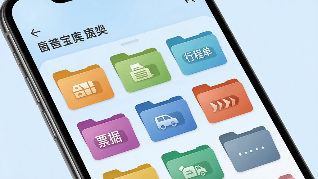 出差宝库智能分类功能界面,手机屏幕中展示多个彩色文件夹标签,包括合同、票据、行程单等分类图标,文件夹整齐排列,背景为淡蓝色渐变,风格清新商务,细节精致,画质高清,干净无多余元素