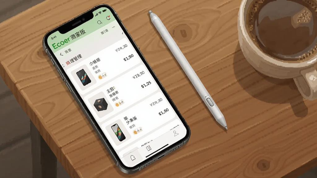 一部手机平放在木质桌面上,屏幕显示 Ecoer 商家版 的商品管理列表,列表中有商品缩略图、名称与价格信息,手机旁边放置一支触控笔与一杯咖啡,画面采用俯视视角,布局为对角线构图,风格为写实产品摄影感插画,色调偏暖,细节上强调屏幕内容的清晰度和桌面质感,画质干净高清,无多余元素