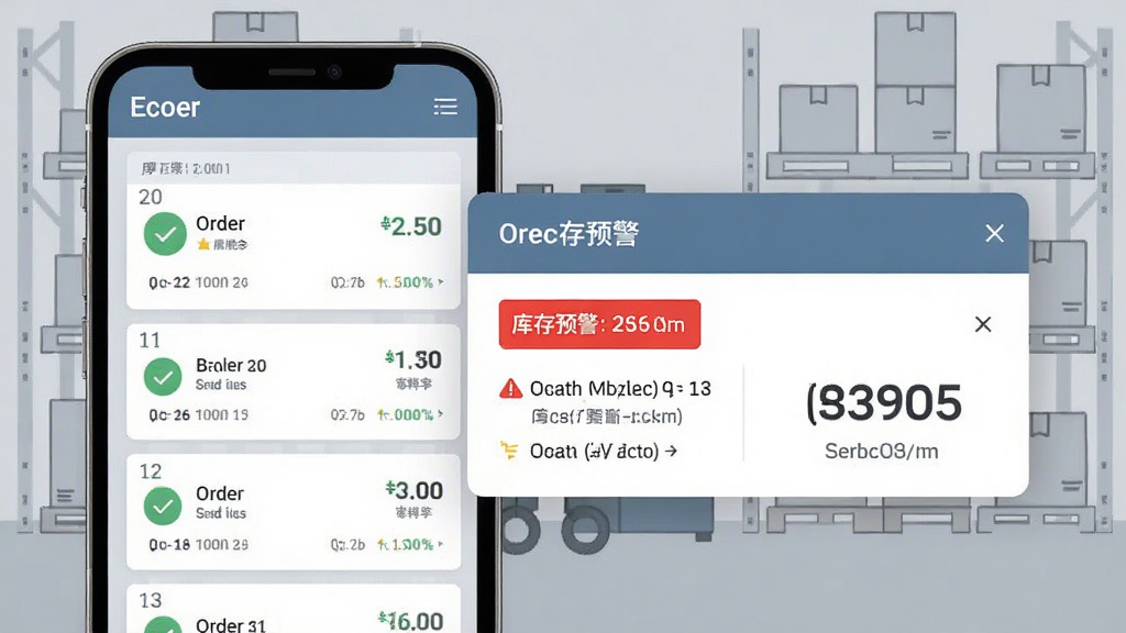 画面展示 Ecoer 商家版 的订单处理界面与库存预警弹窗,手机屏幕中订单卡片按时间排列,库存预警以红色标签突出显示,背景为简洁的仓储货架线条图,布局为左右分栏,左侧为订单列表右侧为库存数字,风格为扁平化信息图,色调以蓝灰为主搭配红色警示色,细节上突出数据层次,画质清晰干净,无多余装饰