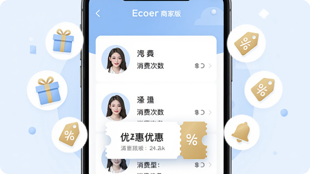 手机屏幕显示 Ecoer 商家版 的会员管理页面,页面上有会员头像列表、消费次数与标签信息,屏幕下方悬浮一张优惠券图形,周围环绕代表营销活动的图标如礼盒、折扣标签与通知铃铛,布局为居中环绕式,风格为清新浅色插画,色调以浅蓝与白色为主搭配少量金色,细节上突出界面整洁,画质高清无多余元素