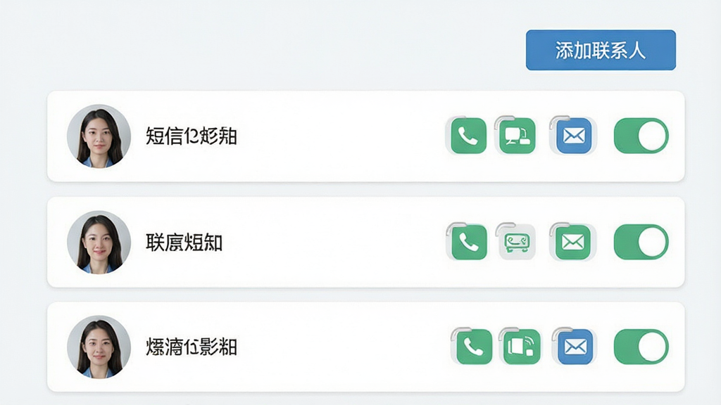 一张e-CAL软件紧急联系人管理界面的示意图,画面中列出三位联系人的头像和名称,每个联系人右侧有短信、推送、邮件三个开关图标,顶部有“添加联系人”按钮,界面采用浅色卡片式布局,风格清新简洁,画质清晰,干净无多余元素