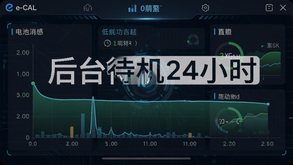 一张展示e-CAL软件在手机后台运行状态的截图,画面中显示电池消耗曲线平缓,旁边有“后台待机24小时”文字标注,背景是深色科技风格的数据面板,突出低功耗特性,画质清晰,干净无多余元素