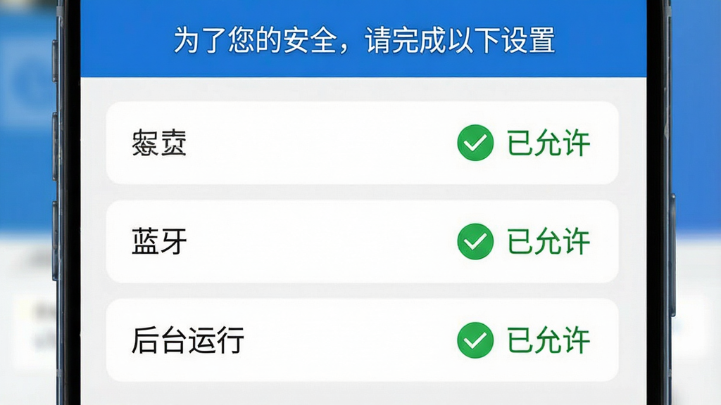 一张展示e-CAL软件权限设置引导页的手机截图,画面中列出定位、蓝牙、后台运行三项权限,每项旁边有绿色对勾和“已允许”标记,顶部有“为了您的安全,请完成以下设置”文字,风格清晰明了,画质高清,干净无多余元素