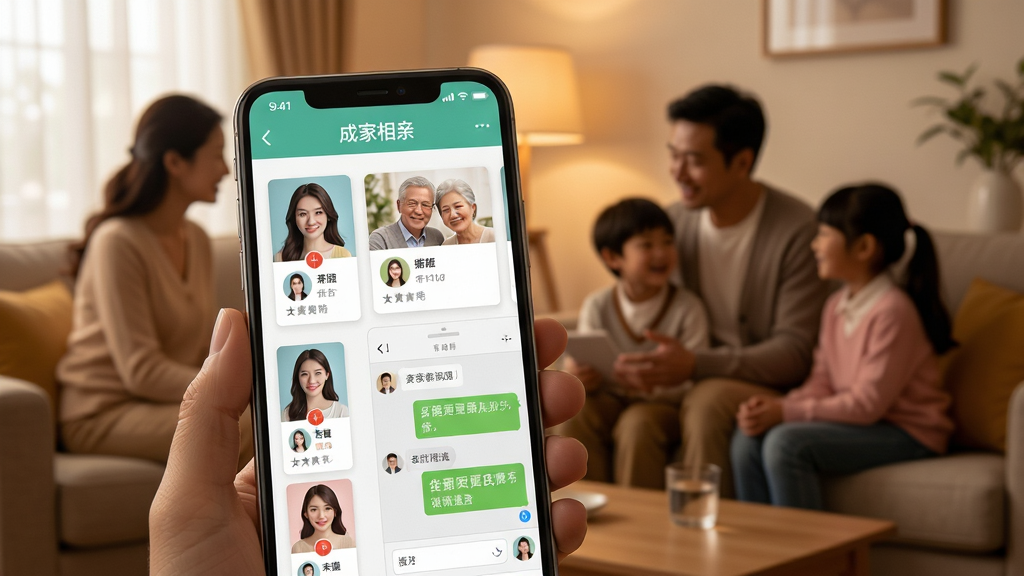 一幅温馨的婚恋主题画面,画面中央是手机屏幕显示“成家相亲”app界面,界面中展示着多组单身男女的个人资料卡片和父母在线沟通的聊天窗口,背景是暖色调的家庭客厅场景,有父母与子女围坐交流的模糊剪影,整体风格温暖写实,细节包括手机、资料卡、聊天图标等,画质清晰,干净,无多余元素