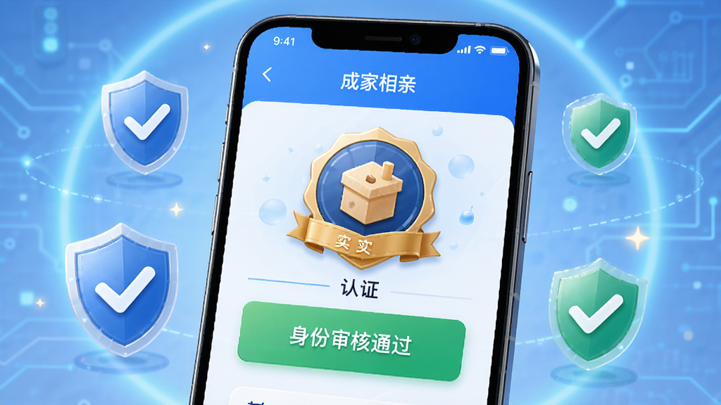 画面展示“成家相亲”app的实名认证页面,手机屏幕中显示认证徽章和身份审核通过的提示,周围环绕着盾牌、勾选标记等安全元素,背景是柔和的蓝色科技感光晕,突出安全可靠的主题,画质高清,干净,无多余元素