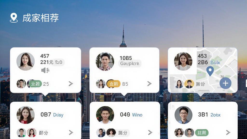 “成家相亲”app的同城推荐页面截图,屏幕上显示地图定位图标和多个用户头像卡片,卡片上有年龄和距离标签,背景是城市天际线,风格现代简洁,突出精准匹配和同城交友的特点,画质清晰,干净,无多余元素