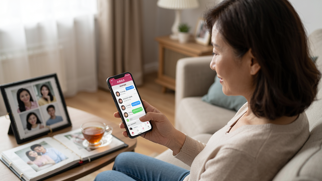 一位中年母亲坐在沙发上用手机操作“成家相亲”app,屏幕中显示多份相亲资料和聊天对话框,身旁有相册和茶杯,背景是居家环境,画面温馨自然,突出家长帮子女相亲的场景,画质清晰,干净,无多余元素