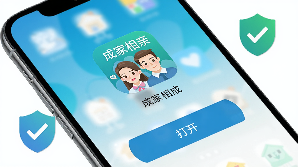 “成家相亲”app在手机上的安装完成界面,屏幕上显示应用图标和“打开”按钮,背景是简洁的手机桌面,周围有安全盾牌和勾选图标,突出安全下载和安装成功的主题,画质清晰,干净,无多余元素
