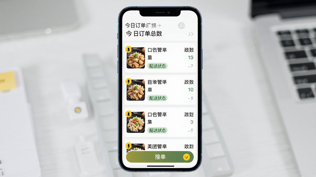 美团管家订单管理界面预览图,画面展示手机屏幕中多条订单卡片纵向排列,每个卡片包含菜品名称、数量、配送状态标签,顶部有今日订单总数统计,底部有接单按钮,背景为浅灰色工作台,风格为清新商务扁平设计,细节含黄色高亮提醒图标,画质清晰干净,无多余元素