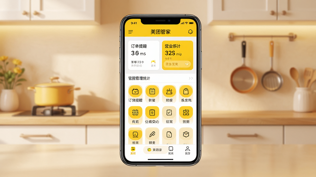 美团管家软件主界面全貌展示,画面中央是一部智能手机,屏幕上显示美团管家APP的店铺管理首页,包含订单提醒、营业额统计卡片、功能图标网格布局,背景为简洁的暖色调厨房场景,风格为现代扁平化UI设计,细节包含美团品牌黄色元素点缀,画质高清干净,无多余元素