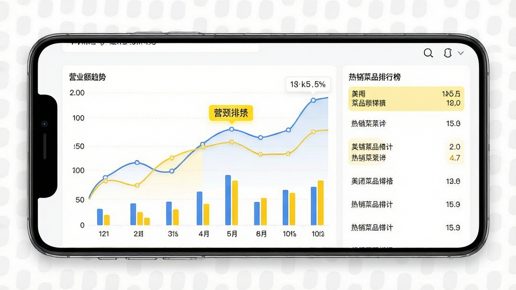 美团管家数据报表界面预览图,画面展示手机屏幕中折线图与柱状图组合的数据看板,包含营业额趋势曲线和热销菜品排行榜列表,背景为白色简洁报表页面,风格为现代数据可视化设计,细节含黄色数据高亮标注,画质高清干净,无多余元素