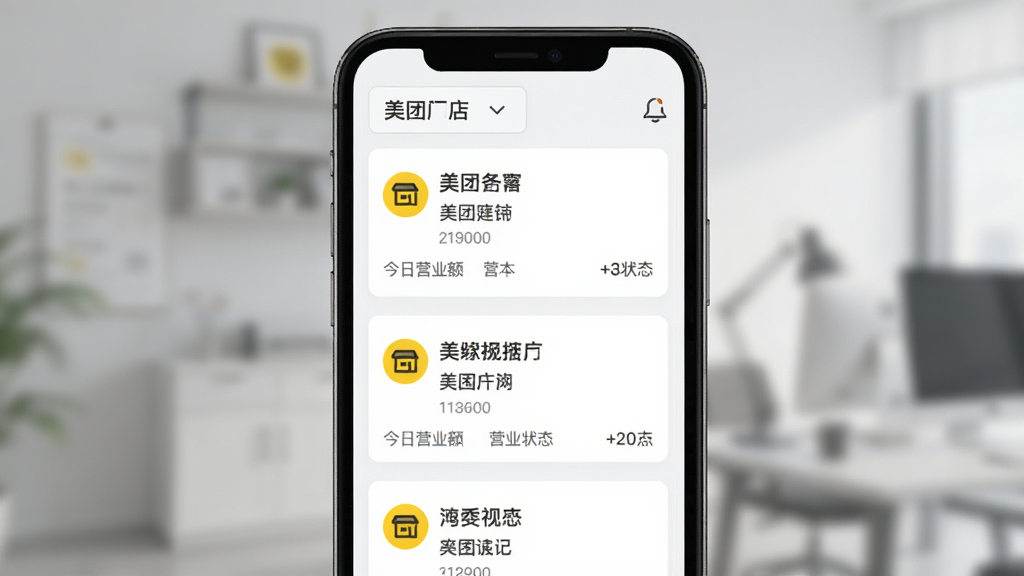 美团管家多门店管理界面预览图,画面展示手机屏幕中多个门店卡片列表,每个卡片显示门店名称、今日营业额和营业状态,顶部有切换门店的下拉选项,背景为浅色商务风格,风格为简约企业管理UI设计,细节含黄色门店图标,画质清晰干净,无多余元素