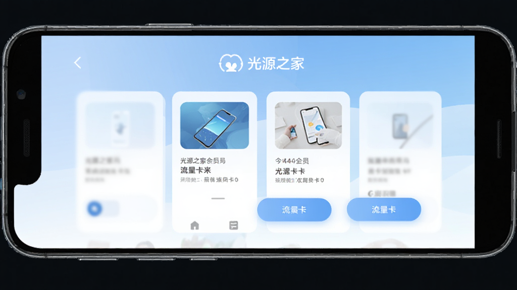 一部安卓手机展示光源之家会员与流量卡服务页面,页面中有卡片式选项和按钮,背景为淡蓝色渐变,风格简洁现代,画面中有“光源之家”文字,画质干净,无多余元素。