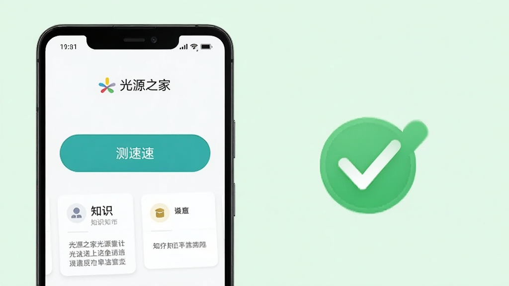 一部安卓手机显示光源之家安装完成后的首页界面,画面中有测速按钮和知识卡片,手机旁有安装完成打勾图标,背景为浅绿色,风格清爽,画质干净,无多余元素。