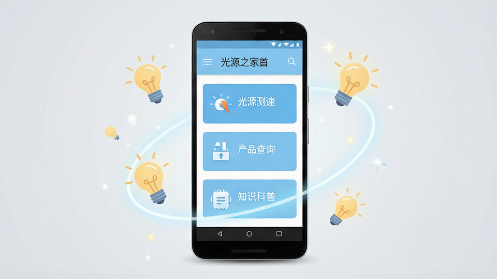 一张展示光源之家手机应用界面的整体效果图,画面中央是一部竖屏安卓手机,手机屏幕上显示光源之家首页,包含光源测速、产品查询、知识科普三个主要功能入口,界面以浅蓝和白色为主色调,布局干净整齐。手机周围环绕柔和的光线元素和灯泡图标,背景为浅灰色渐变。风格为现代科技感扁平插画,细节清晰,画质干净,无多余元素,适合软件下载站展示。
