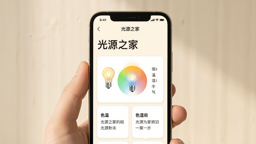 一部手机展示光源之家知识科普页面,页面中有灯泡、色温示意图和文字卡片,背景为暖白色,风格清新简约,画面中有“光源之家”字样,布局整齐,画质干净,无多余元素。