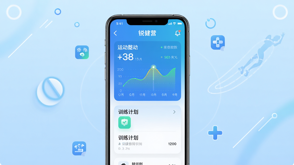 主体为一部智能手机,屏幕显示锐健营应用主界面,界面中有运动数据图表和训练计划卡片;布局为手机居中,背景为浅蓝色渐变,周围有简洁的线条和圆形装饰;排版为竖版构图;风格为现代科技感与健康活力结合;细节包括手机边缘的光泽、界面图标清晰、背景有淡淡的运动轨迹线条;画质为高清、干净、无多余元素