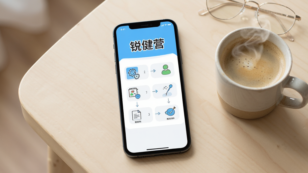 主体为手机屏幕显示锐健营新手引导页面,画面中央是手机,屏幕内有“锐健营”字样和步骤提示图标;布局为手机竖放于浅色桌面,旁边有一杯咖啡;排版为竖版;风格为轻松生活化;细节包括屏幕内容清晰、咖啡杯有热气、桌面干净;画质为高清、干净、无多余元素