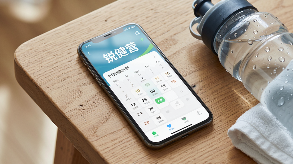 主体为一款运动App界面展示个性化训练计划,画面中央是手机屏幕,屏幕内显示“锐健营”字样和训练日历;布局为手机斜放于木质桌面,旁边有运动水壶和毛巾;排版为横版;风格为清新生活化;细节包括屏幕反光自然、桌面纹理清晰、水壶有水滴;画质为高清、干净、无多余元素