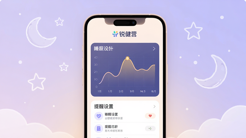 主体为锐健营应用的健康提醒与睡眠监测界面,画面中央是手机屏幕,屏幕内显示睡眠曲线图和提醒设置项,顶部有“锐健营”Logo;布局为手机竖放,背景为淡紫色渐变,有月亮和星星的简笔图案;排版为竖版;风格为柔和温馨;细节包括屏幕光线柔和、图案简洁、手机边框圆润;画质为高清、干净、无多余元素