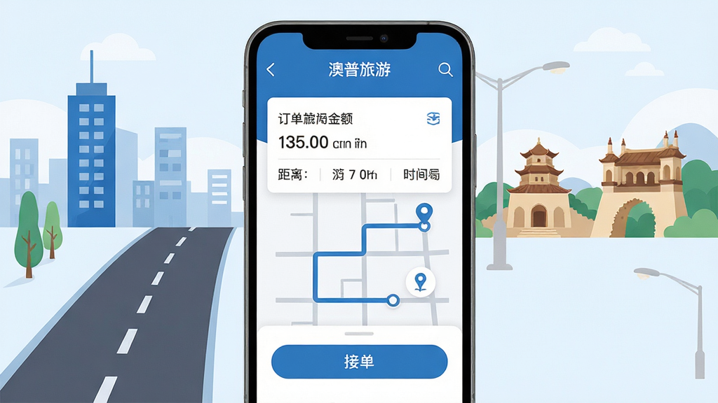 画面展示“澳普旅游”应用内司机端接单界面,手机屏幕显示订单卡片、行程路线和接单按钮;背景为城市道路与旅游景点的简约插画;风格为扁平化商务风,色调以蓝白为主;细节包括订单金额、距离、时间等信息的清晰展示;画质高清,干净整洁,无多余元素