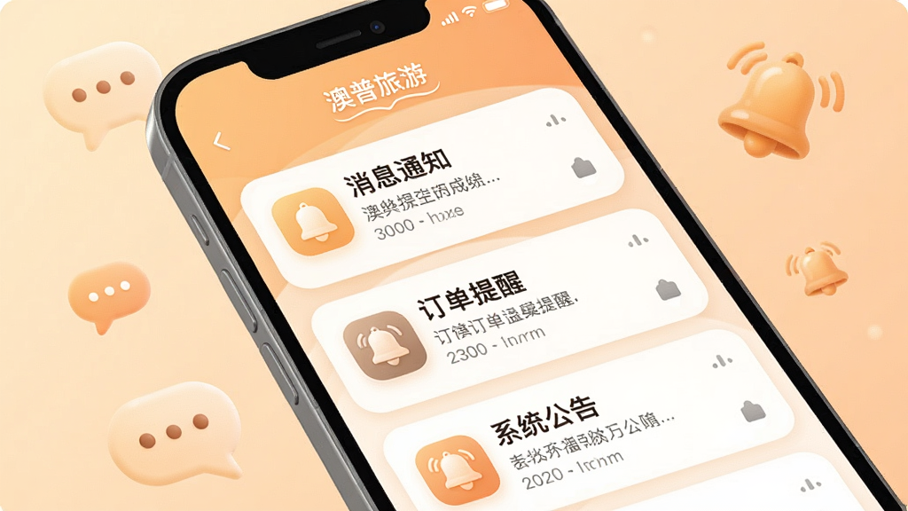画面展示“澳普旅游”应用内消息通知界面,手机屏幕显示多条通知卡片,包含订单提醒和系统公告;背景为柔和的浅橙色渐变,点缀对话气泡与铃铛图标;风格温暖友好,图标圆润;画质高清,文字清晰,无多余元素