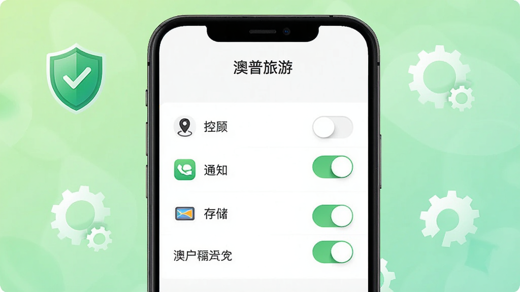 画面展示“澳普旅游”应用在手机上的设置权限界面,屏幕显示定位、通知、存储等权限开关;背景为浅绿色渐变,点缀盾牌与齿轮图标;风格清新安全,图标简洁;画质高清,文字清晰,无多余元素