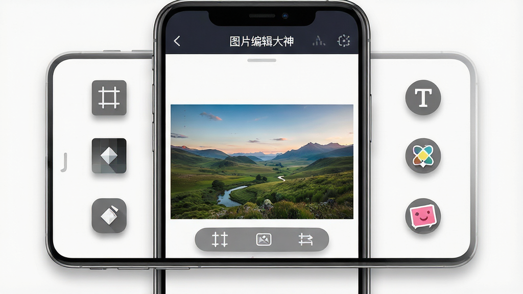 一张展示智能手机屏幕的图片,屏幕中打开着名为“图片编辑大神”的修图软件界面,界面中央是一张风景照片,四周环绕着裁剪、滤镜、文字、贴纸等工具图标,布局简洁,排版清晰,风格为扁平化科技风,细节包括图标阴影和半透明工具栏,画质高清,画面干净,无多余元素。