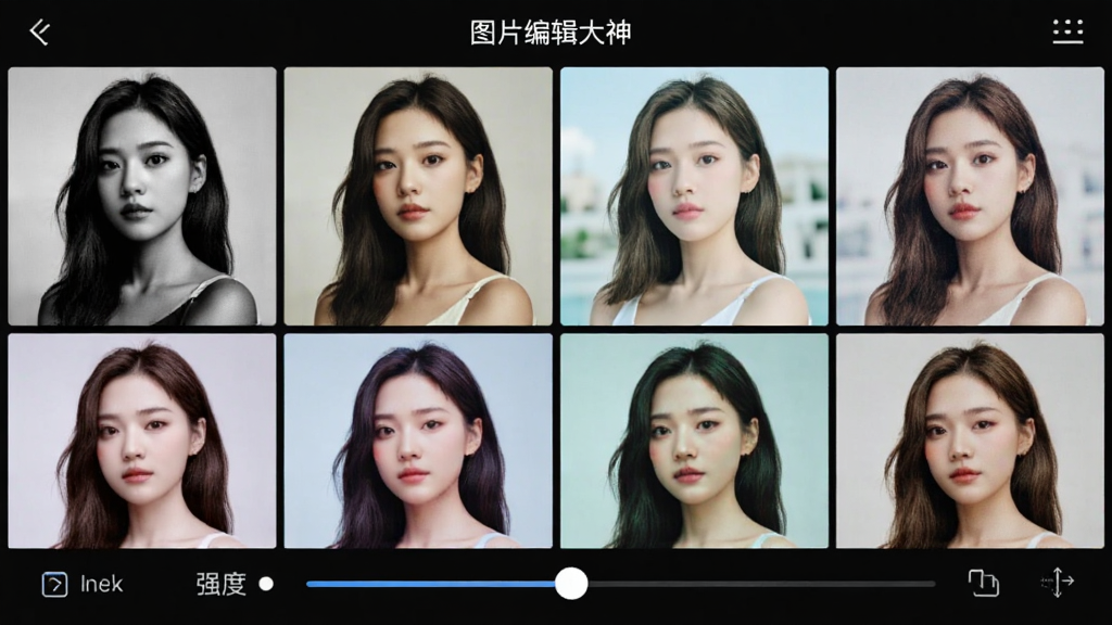 手机屏幕中显示“图片编辑大神”的滤镜选择页面,画面被分割成多个小方格,每个方格展示同一张人像照片套用不同滤镜后的效果,包括黑白、复古、清新等风格,界面底部有滤镜强度调节条,整体布局整齐,风格时尚,色彩丰富但不过度饱和,画质清晰,无多余装饰元素。