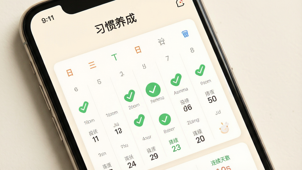 Mero 习惯追踪界面展示图,手机屏幕显示习惯打卡日历,有绿色打勾标记和连续天数统计。屏幕上方有“习惯养成”文字标题。背景为温暖的米白色,风格清新简约,细节清晰,画质高清,干净,无多余元素。