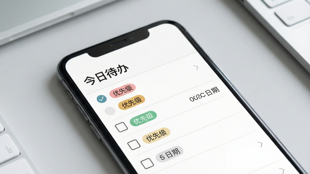 Mero 待办清单功能展示图,手机屏幕显示待办事项列表,有复选框、优先级标签和截止日期。屏幕上方有“今日待办”文字。背景为浅灰色办公桌面,风格商务简约,细节清晰,画质高清,干净,无多余元素。