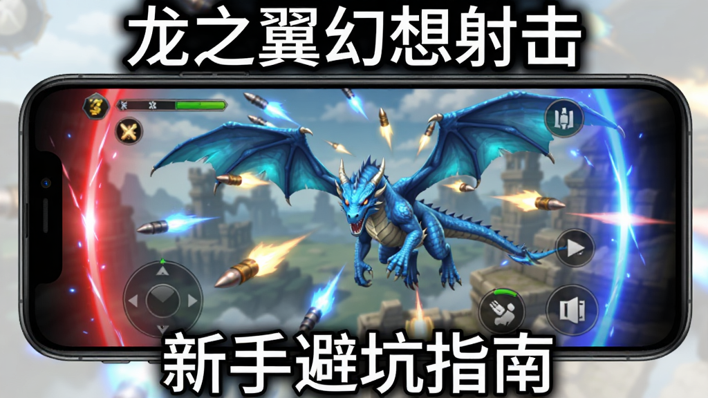 手机屏幕显示龙之翼幻想射击游戏画面,画面中一条蓝色飞龙正在躲避弹幕,屏幕边缘有红色和蓝色光效,风格为手机游戏截图,布局为竖屏手机界面,画质清晰,干净无多余元素,图片上方写