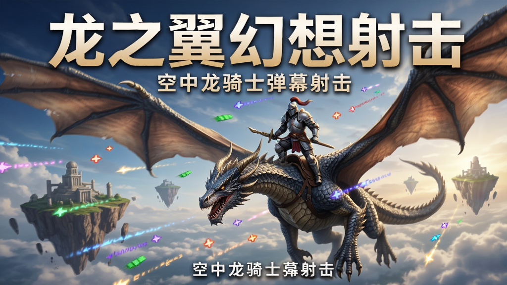 画面中央是一条展翅飞翔的巨龙,龙背上站着一位身穿铠甲的骑士,背景是漂浮的空中岛屿和绚丽的云海,天空中有弹幕轨迹划过,整体风格为奇幻写实,构图采用对角动态布局,画质高清,干净无多余元素,图片上方用大字写