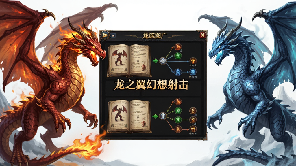 一条浑身燃烧着火焰的红色巨龙在画面左侧,一条散发着寒气的蓝色巨龙在画面右侧,中间是游戏界面UI展示龙族图鉴和进化树,风格为奇幻游戏原画,布局对称,画质精细,干净无多余元素,图片中央写