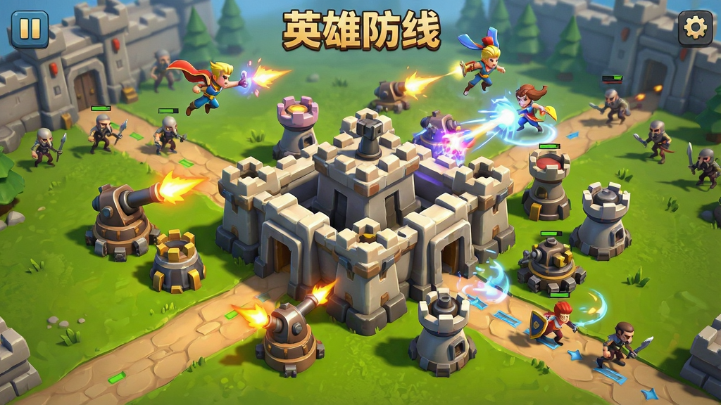 一张展示英雄防线游戏主界面的图片,画面中央是坚固的防御堡垒,周围环绕着不同种类的防御塔,远方有敌人正在进攻,天空中有英雄角色在释放技能,整体风格为卡通写实,色彩鲜明,布局清晰,排版为横版游戏界面截图风格,细节包括防御塔的炮口火光、英雄的技能特效、敌人的行进路线,画质高清,干净整洁,无多余元素,图片中带有文字“英雄防线”