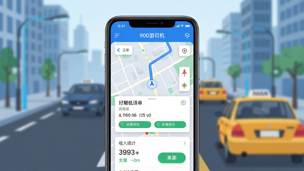 900游司机端手机应用主界面展示,画面中央是一部智能手机,屏幕显示司机端接单大厅界面,包含地图导航、订单卡片、收入统计模块,背景为城市道路与出租车元素,整体布局简洁清晰,风格为现代科技感扁平化设计,细节包含蓝色主色调、白色卡片、绿色接单按钮,画质高清,干净,无多余元素