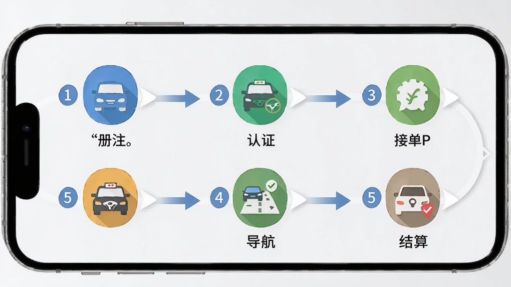 900游司机端新手操作流程图,画面为手机屏幕展示注册、认证、接单、导航、结算五个步骤的图标流程,背景为浅灰色简洁底纹,风格为扁平化信息图设计,细节包含箭头连接、步骤编号、功能图标,画质高清,干净,无多余元素