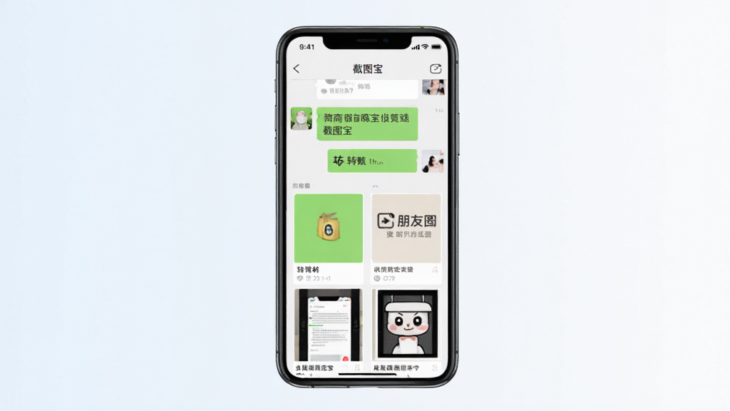 一张展示微商截图宝软件主界面的手机应用截图,画面中央是一部智能手机,手机屏幕上显示着微商截图宝的首页,可以看到微信对话、转账、朋友圈等多种截图模板选项,界面设计简洁现代,背景为干净的浅色渐变,整体风格清新明亮,画质清晰,无多余元素,干净整洁